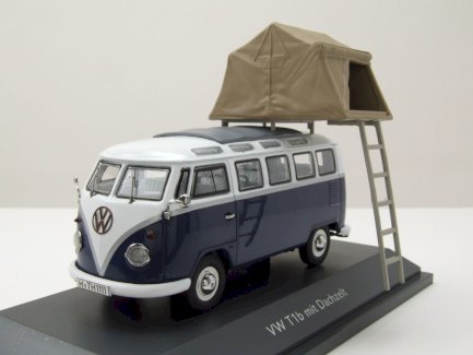 NEU: VW T1b Samba Bus 1960-1963 blau / weiss mit Dachzelt beige  1:43
