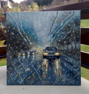 Auto Licht Strasse Regen HANDGEMALT