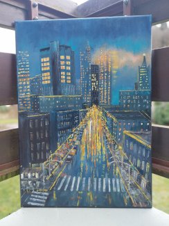 Nacht Stadt handgemalt. Licht Strasse