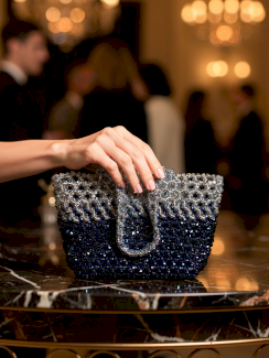 Elegante Handtasche aus Kristallperlen - dunkelblau/gra