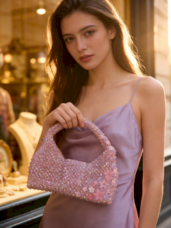 Handarbeit Pochette aus Kristallperlen in Flieder 